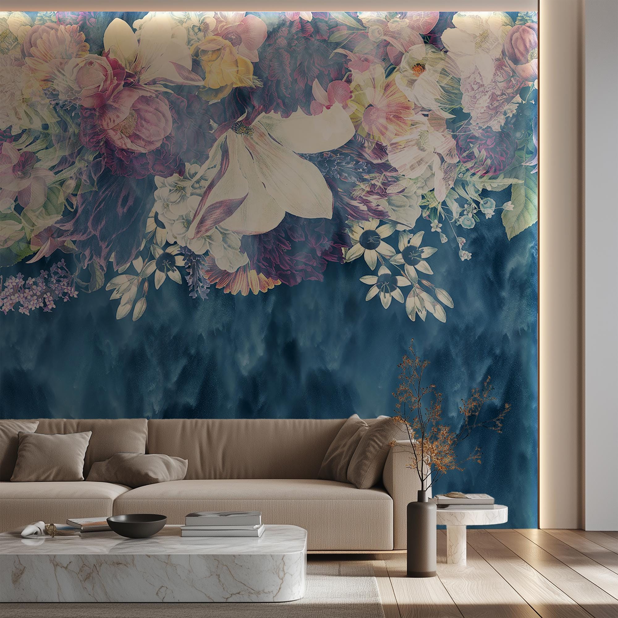 Dark Blue Floral Wallpaper Mural Dreamy Peony Design  Removable Wall Decor - Image 2