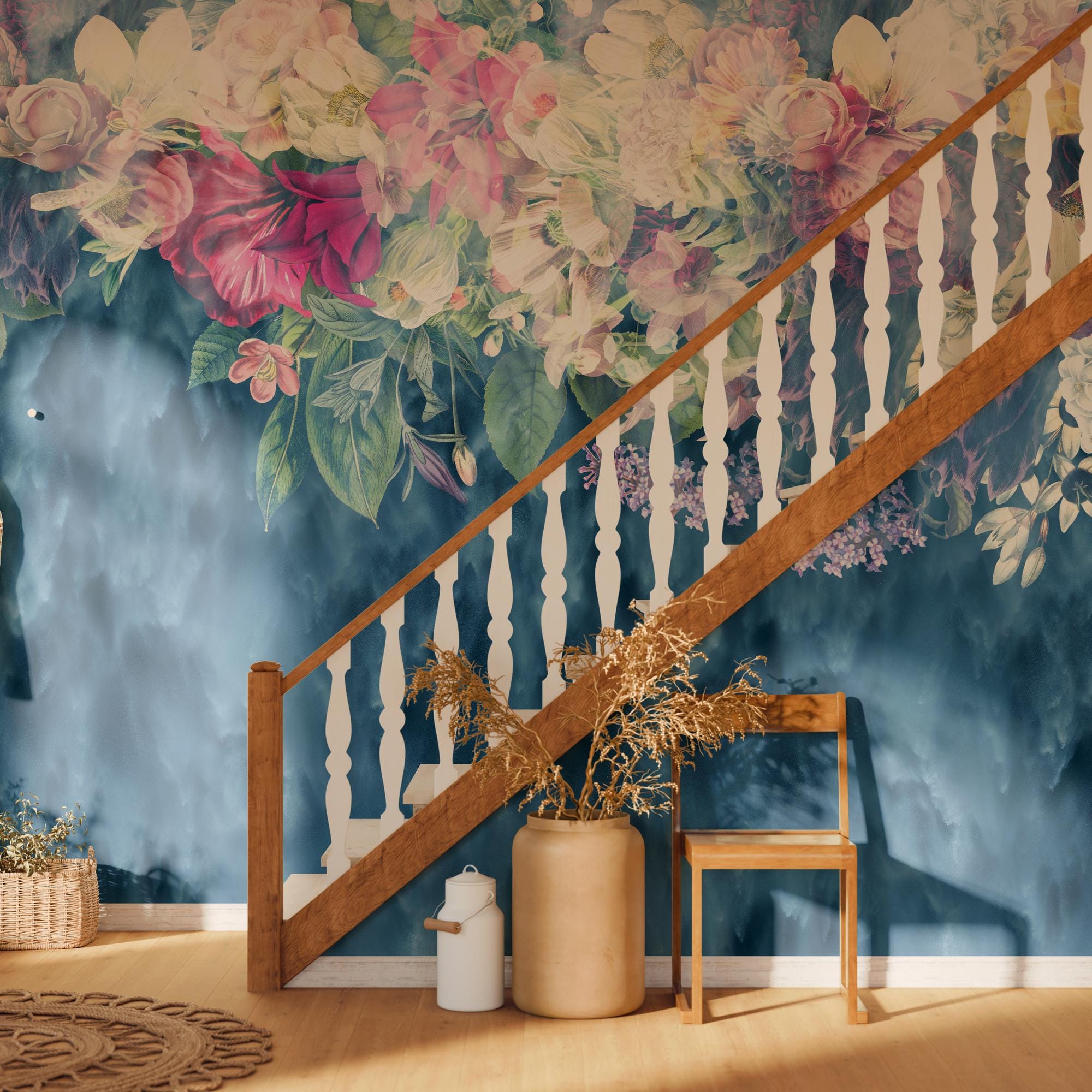 Dark Blue Floral Wallpaper Mural Dreamy Peony Design  Removable Wall Decor - Image 1