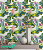 Watercolor Cactus and Lizard Removable Wallpaper: Exotic Tropical Wall Art