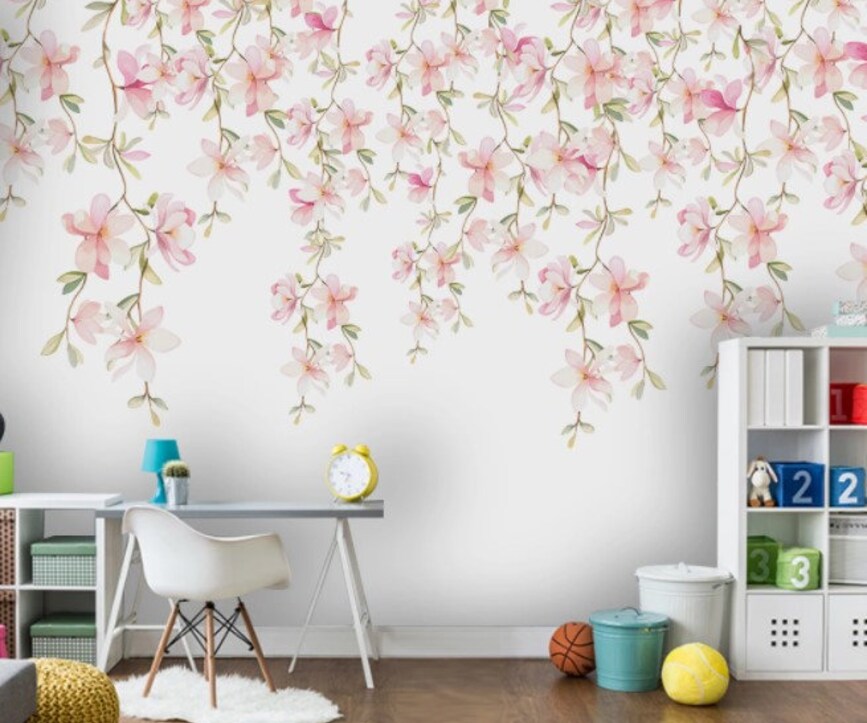 Watercolor Pink Flowers Wallpaper Floral Wall Mural Watercolor Pink Flowers Wallpaper Floral Wall Mural - Image 1