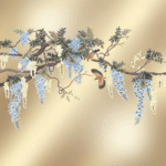 Luxury chinoiserie wallpaper with cascading blue flowers and elegant birds on a soft gold background