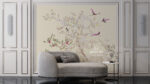 Luxury floral wall mural with white blossom tree and colorful birds in elegant classic living room interior