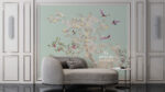 Luxury floral wall mural with white blossom tree and colorful birds in elegant classic living room interior