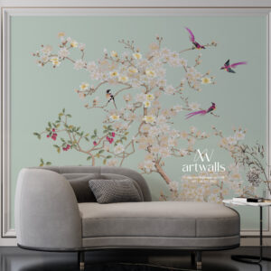Luxury floral wall mural with white blossom tree and colorful birds in elegant classic living room interior