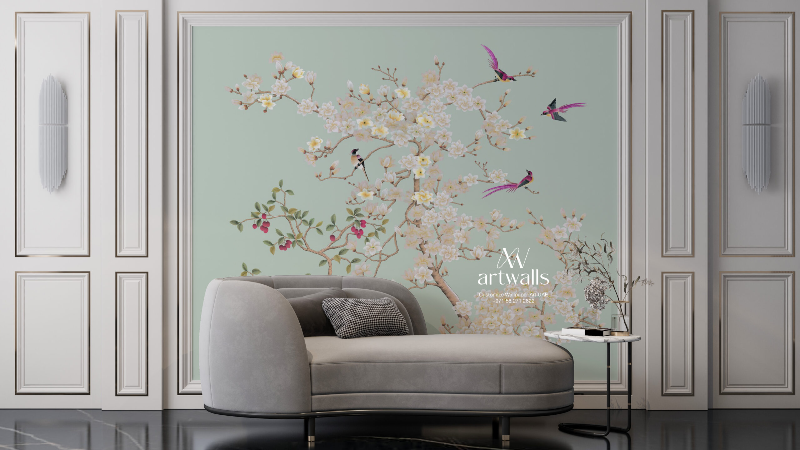 Luxury floral wall mural with white blossom tree and colorful birds in elegant classic living room interior