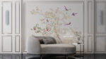 Luxury floral wall mural with white blossom tree and colorful birds in elegant classic living room interior