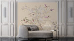 Luxury floral wall mural with white blossom tree and colorful birds in elegant classic living room interior