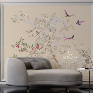 Luxury floral wall mural with white blossom tree and colorful birds in elegant classic living room interior
