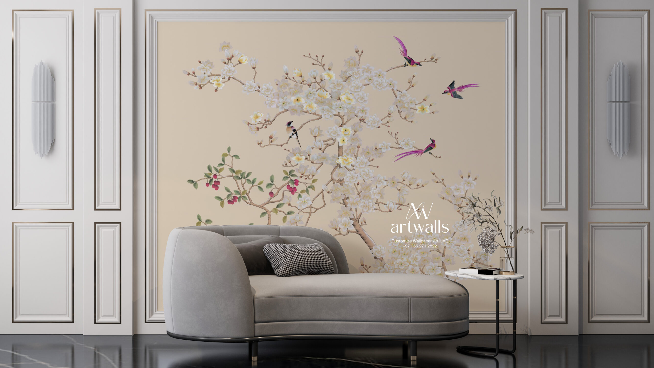 Luxury floral wall mural with white blossom tree and colorful birds in elegant classic living room interior