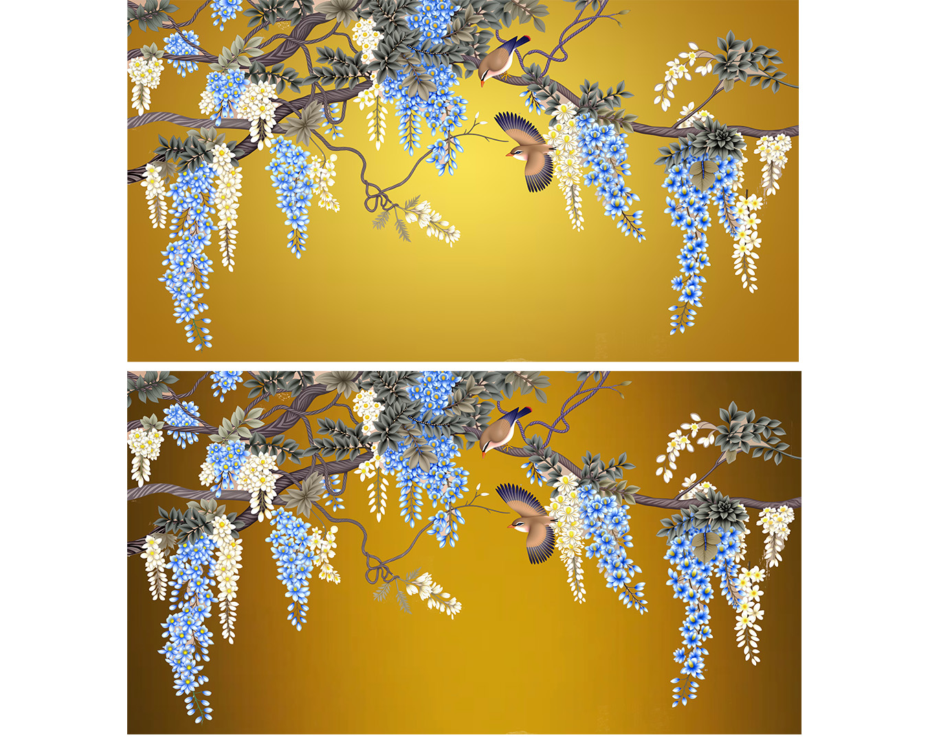 Floral design with birds and blossoms.