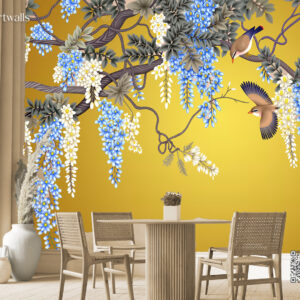 Floral mural with birds and table.