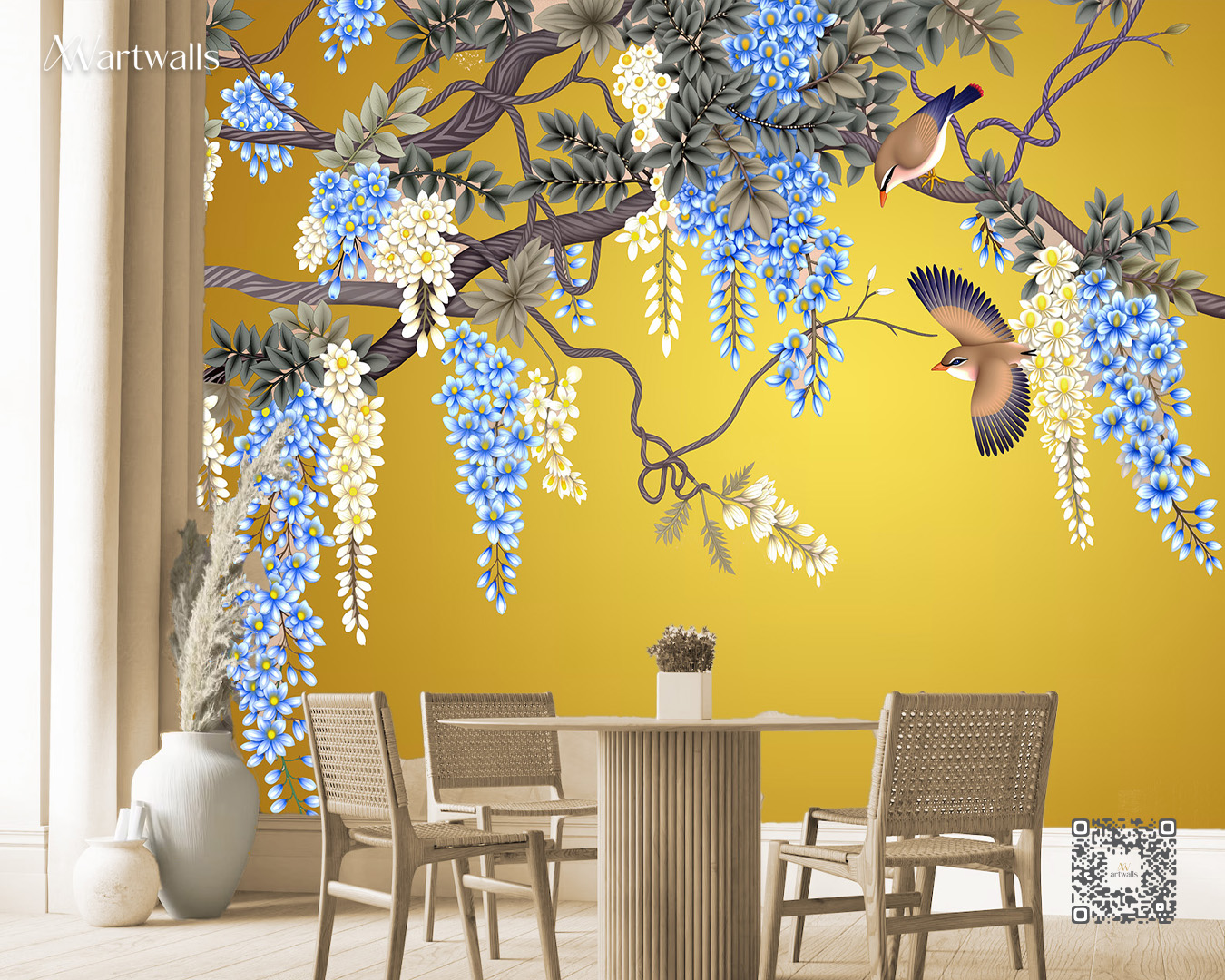 Floral mural with birds and table.