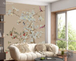 Floral wallpaper with birds and greenery.