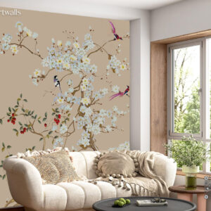 Floral wallpaper with birds and greenery.