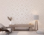 Modern 3D geometric wall panel wallpaper in beige tone for bedroom interior with natural wood accents and large window