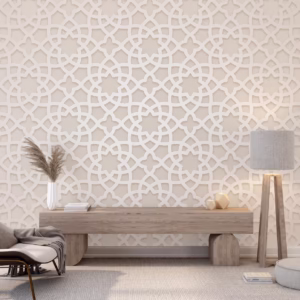 Modern 3D geometric wall panel wallpaper in beige tone for bedroom interior with natural wood accents and large window
