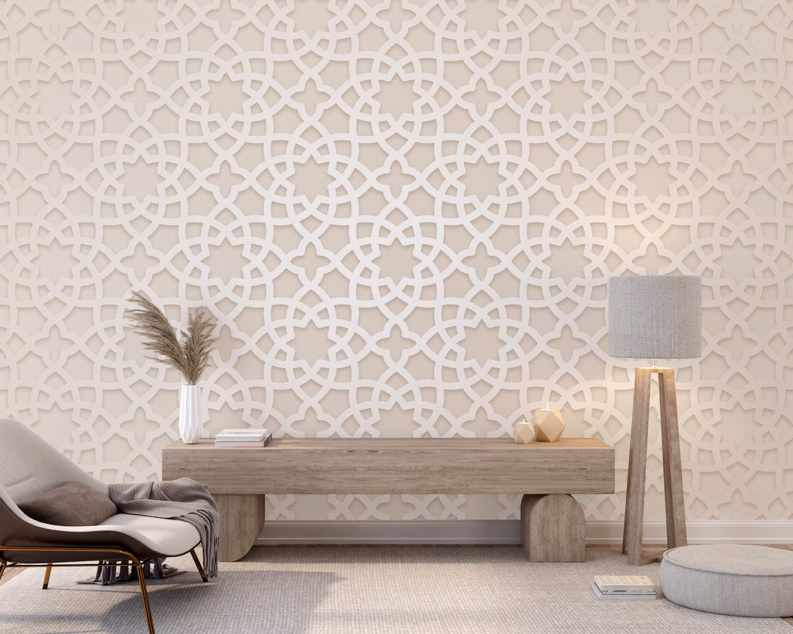Modern 3D geometric wall panel wallpaper in beige tone for bedroom interior with natural wood accents and large window