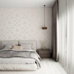 Modern 3D geometric wall panel wallpaper in beige tone for bedroom interior with natural wood accents and large window
