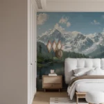 Serene mountain lake mural in bedroom