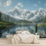 Scenic mountains reflected in tranquil lake.