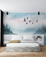 Serene bedroom with nature mural.