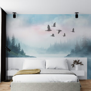 Serene bedroom with nature mural.