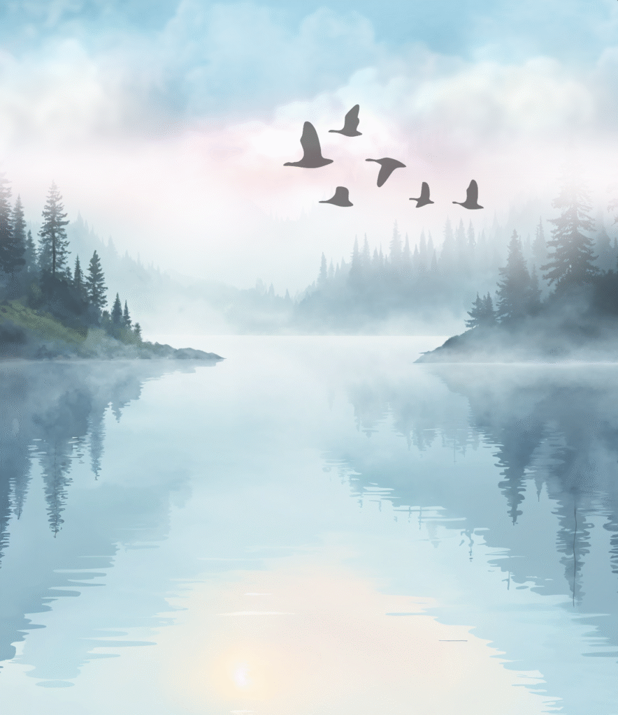 Serene lake with flying birds.