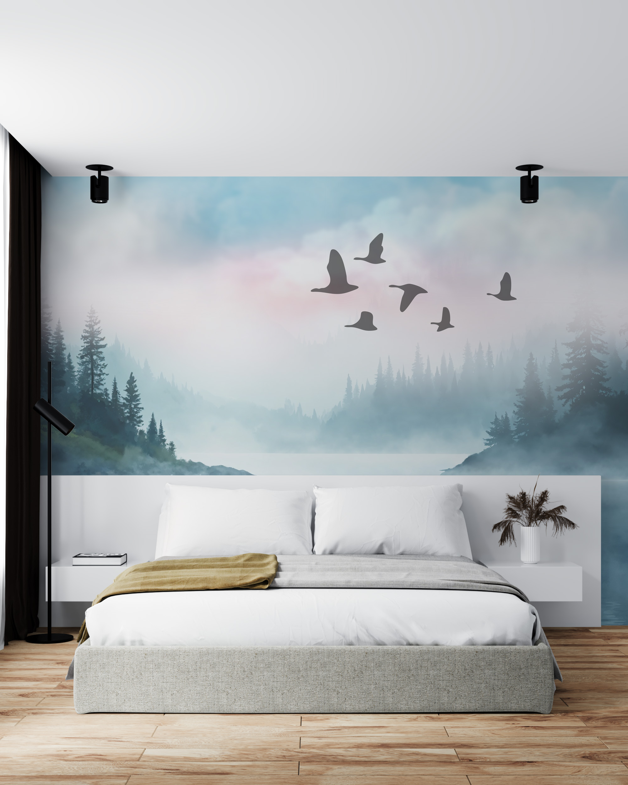 Serene bedroom with nature mural.