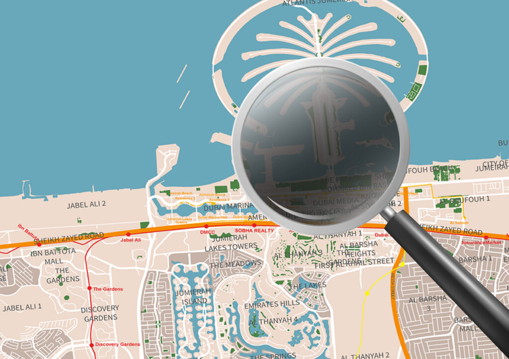 High-resolution Dubai city map with main roads, neighborhoods, and landmarks