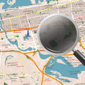 High-resolution Dubai city map with main roads, neighborhoods, and landmarks