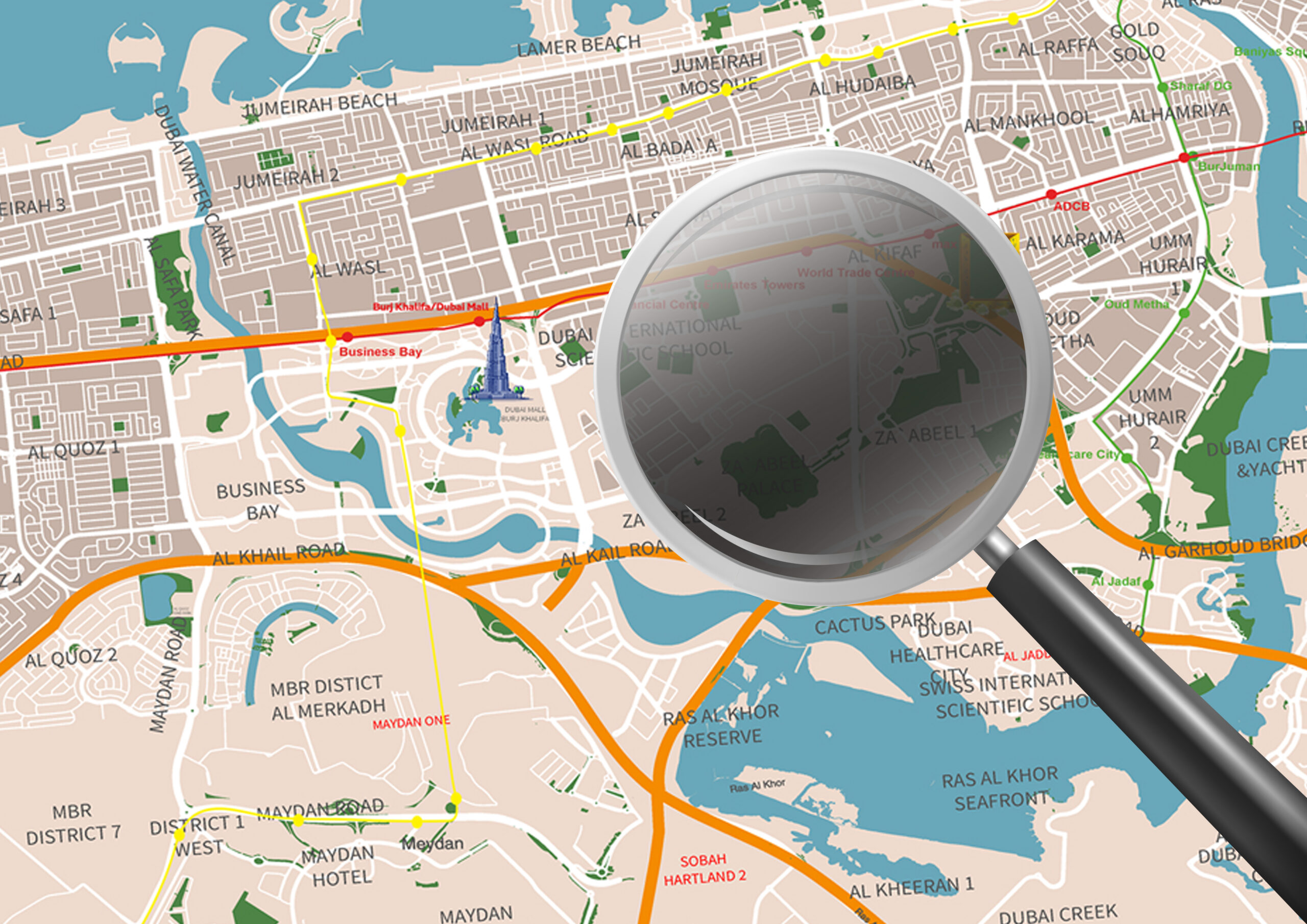 High-resolution Dubai city map with main roads, neighborhoods, and landmarks