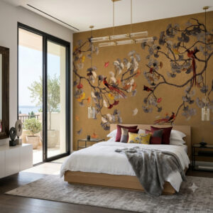 A luxurious modern bedroom with a large gold and ginkgo-patterned wallpaper feature wall, featuring stylized branches, yellow, grey, and red leaves, and exotic birds. The room has a wood-framed bed with white linen, red and ginkgo pillows, and a large arched window with a balcony view of olive trees and the sea. Natural light and a decorative lantern are present.