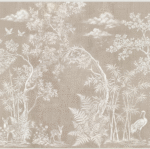 "Luxury beige Chinoiserie wallpaper for modern living room interior design."