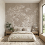 "Luxury beige Chinoiserie wallpaper for modern living room interior design."