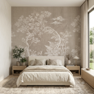 "Luxury beige Chinoiserie wallpaper for modern living room interior design."