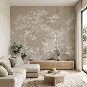 "Luxury beige Chinoiserie wallpaper for modern living room interior design."