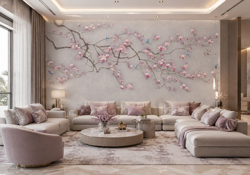 Luxury Magnolia Blossom Wallpaper Mural with Blue Birds for Living Room Interior | Custom Floral Wall Mural by ArtWalls UAE