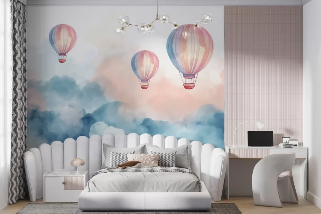Watercolor hot air balloons wallpaper for kids room | Premium wall mural by ArtWalls UAE