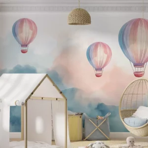 Watercolor hot air balloons wallpaper for kids room | Premium wall mural by ArtWalls UAE
