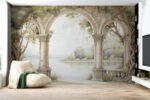 Wall mural Wall murals Watercolor painting of a stone archway with trees and a lake - Image 3