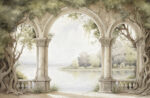 Wall mural Wall murals Watercolor painting of a stone archway with trees and a lake - Image 2