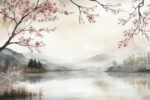 Wall mural Wall murals Watercolor painting of a lake with trees and mountains - Image 2