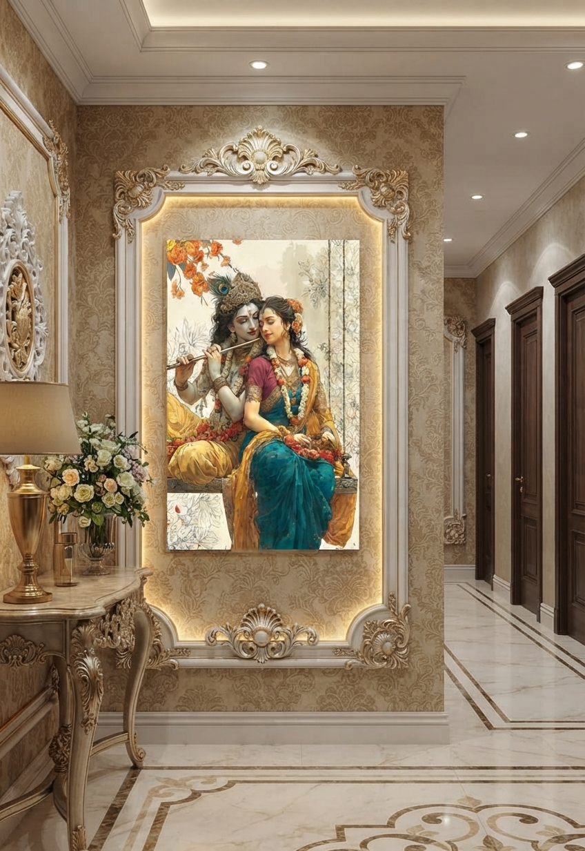 Luxury Radha Krishna and Nature Landscape 3D Wall Mural for Living Room