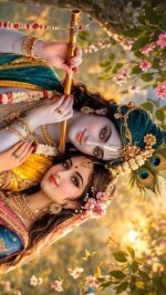 Luxury Radha Krishna and Nature Landscape 3D Wall Mural for Living Room
