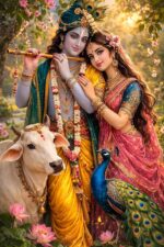 Luxury Radha Krishna and Nature Landscape 3D Wall Mural for Living Room