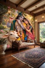 Luxury Radha Krishna and Nature Landscape 3D Wall Mural for Living Room