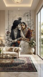 Luxury Radha Krishna and Nature Landscape 3D Wall Mural for Living Room
