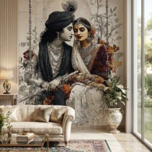 Luxury Radha Krishna and Nature Landscape 3D Wall Mural for Living Room