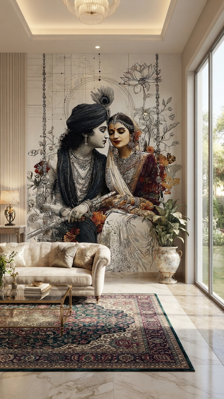 Luxury Radha Krishna and Nature Landscape 3D Wall Mural for Living Room