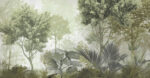 Green foggy forest wall mural with tropical leaves behind a sage sofa and armchair